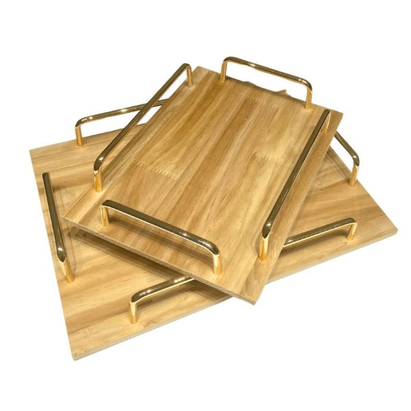 Luxury RHM Bambo Wooden Serving Tray Set with Golden Handle-2 piece