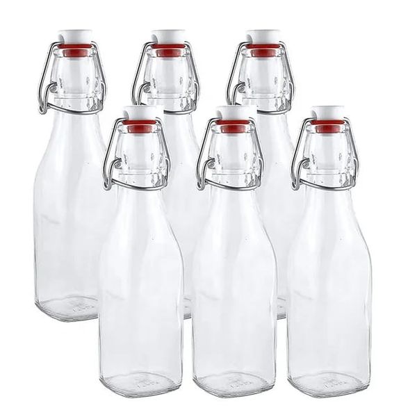 12 Piece Clear Square Beverage, Oil, Vinegar Glass Bottle With Lid