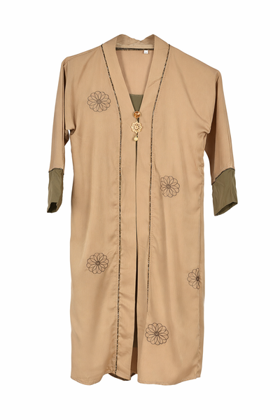 Cream Little Girls Floral Embroidered Abaya Set with Inner Attached Dress
