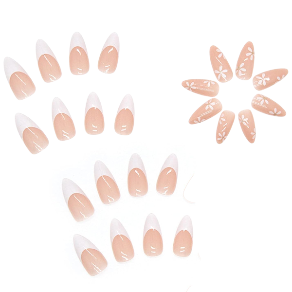 24pcs Almond Shape Glossy White Floral Design Press-On Nails - White