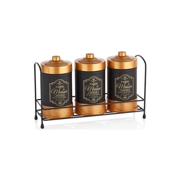 Hane Matte Black 3pc Canister Condiment Jar Set With Metal Rack
