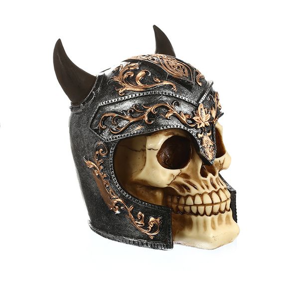 Viking Helmet Skull Figurine Resin Craft Human Skull for Home Decor