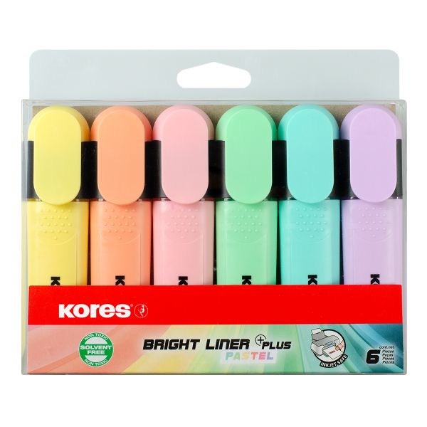 Kores Bright Liner Plus Highlighters, Assorted Pastel Colours, Wallet of 6