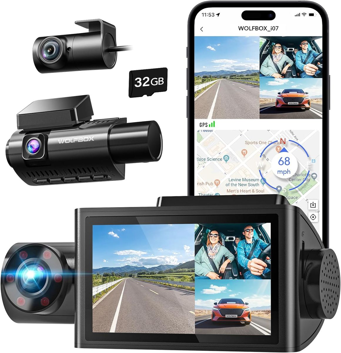 Wolfbox I07 Dash Camera 3 Channel With WiFi GPS 4K With LCD Screen Dash ...