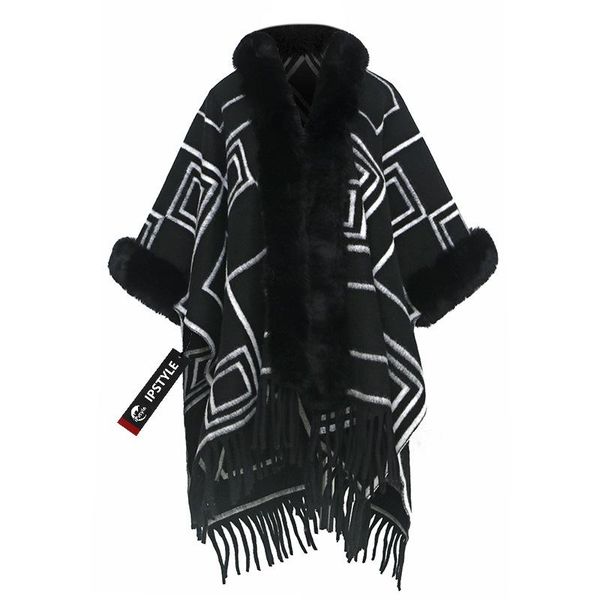 IPSTYLE Winter Thick Warm Poncho Fur Collar Cape Coat Women Sweater Shawl