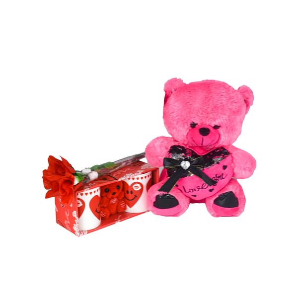 25cm Pink &amp; Mini Red Teddy Bear ,Valentine's Day Couple Mugs &amp; Roses Set