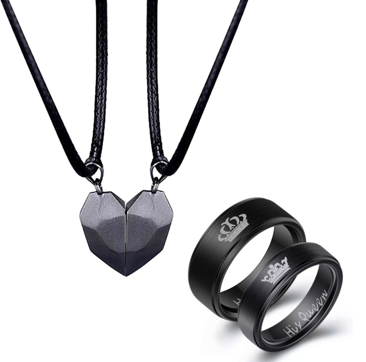 POU Black Stainless Steel Couple Jewellery Set Necklace and Ring Sets
