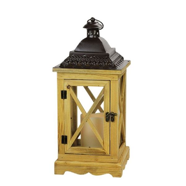 Rustic Wooden Lantern with Brown Metal Top Candle with Timer