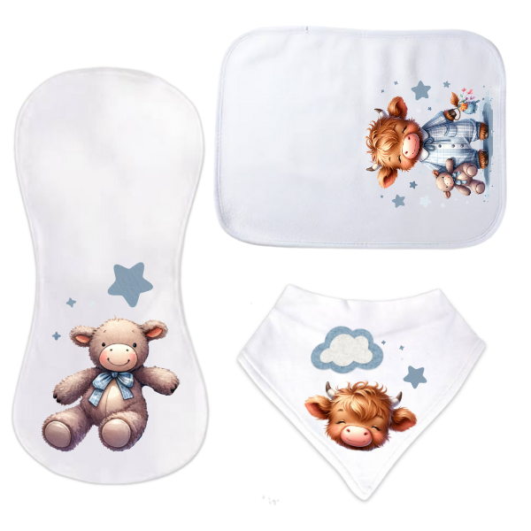 Baby-3 Piece Burp Cloth and Bandana Bib Gift Set-Combo#2-Highland Cow Boy
