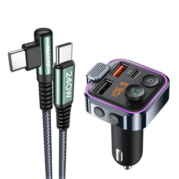 Peachz -Bluetooth FM Transmitter for Car+ 240W USB C to USB C cable Radio