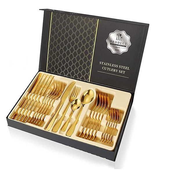 Gold Cutlery Gift Set with Box, 24-Piece Stainless Steel Gold Flatware Set