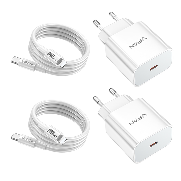 VFAN 2-Pack 20W PD Fast Charger for iPhone 8 to 14 with USB-C Cable - White