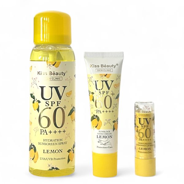 Set of 3 - Kiss Beauty Lemon Vitamin C Sunscreen Spray Lip Balm Hand Cream
