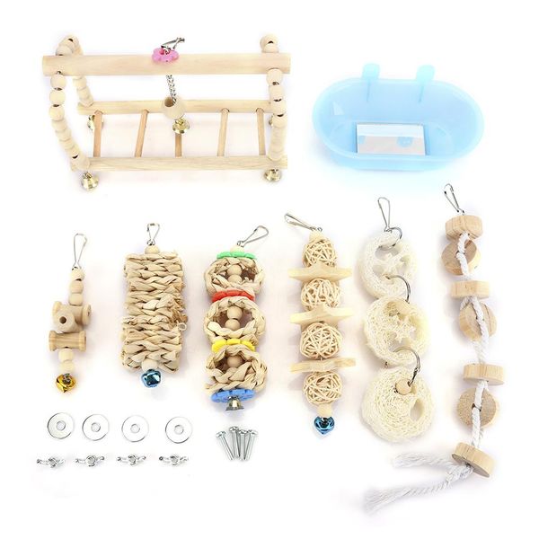 7Pcs Pet Bird Toy Set with Bathtub Ladder and Wood Chewing Toys for Parrots