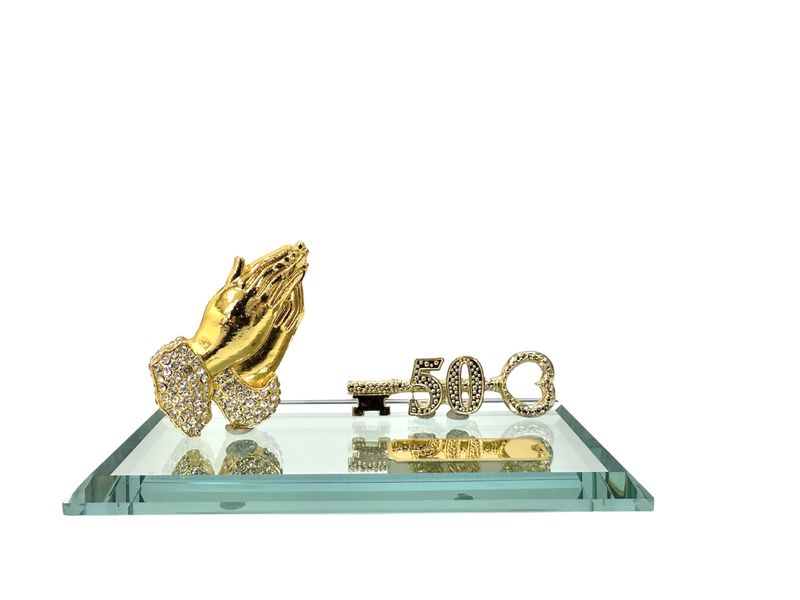 50th key Diamante Praying Hands on Glass Mirror Base