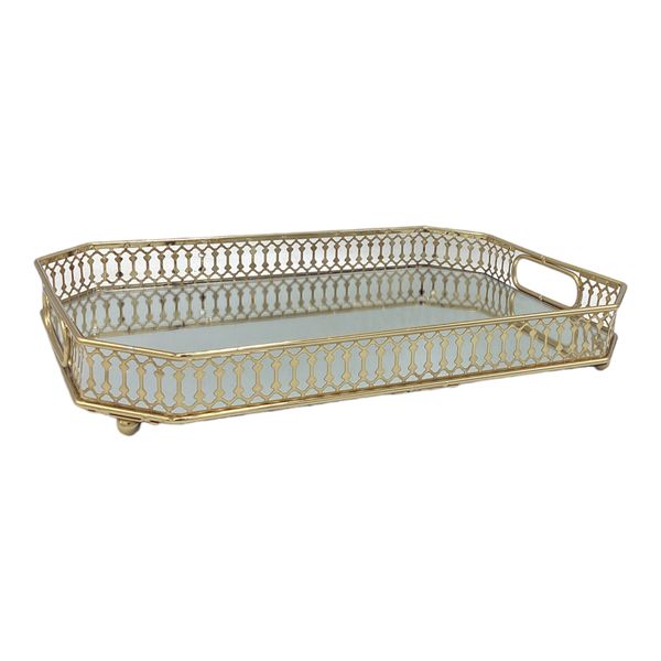 Tray 35x25x5.5cm Classic Gold Metal With Mirror Inlay