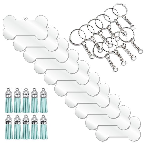 Dog Bone Clear Acrylic Blank Keyring Light Blue Tassel Kit
