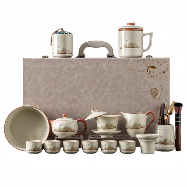 Ru Kiln Ceramic Kung Fu Tea Set with Hanging Lid &amp; Teapot, Mountain Design
