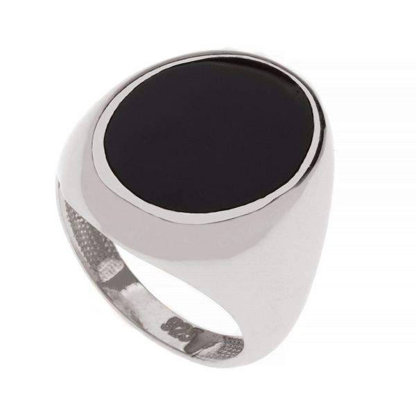 Silver Gents Black Oval Stone Signet Ring