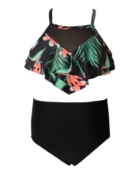 Olive Tree-Girls Ruffled Flounce Mesh Bikini Swimsuit-Black&amp;Green