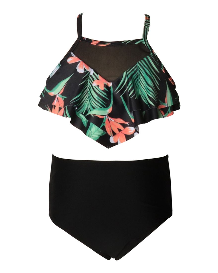 Olive Tree-Girls Ruffled Flounce Mesh Bikini Swimsuit-Black&Green ...