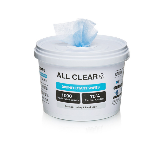 All Clear - 1000 Disinfectant Wipes Bucket 70% Alcohol