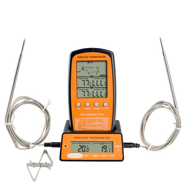 Portable Wireless Digital BBQ Thermometer With Two Probe - Orange