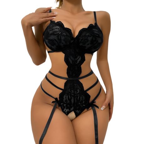 Women's Sexy Lingerie Floral Lace Bodysuit Deep V-Neck Underwear Seethrough Image