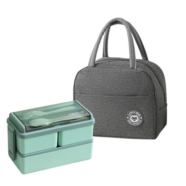 Grey insulated lunch bag and 1400ml Green Double Layer Plastic lunch box