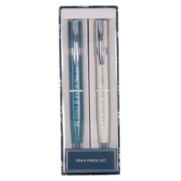Pen and Pencil Set - Be Still and Know &amp; I Am with You, Green and Cream