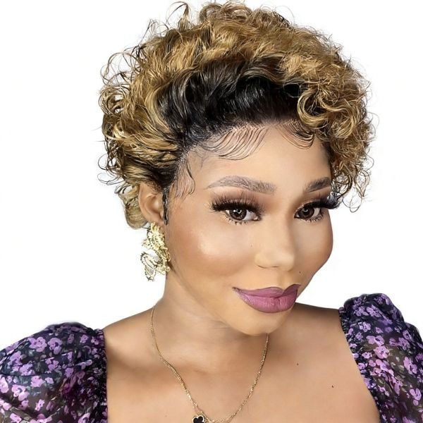 Gold brown gradient short curly wig fluffy explosive head