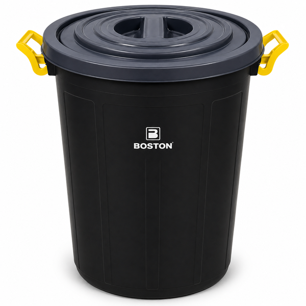 BOSTON Outdoor Plastic Dustbin, Black Cylindrical Open-Top Bin 100L -Garden