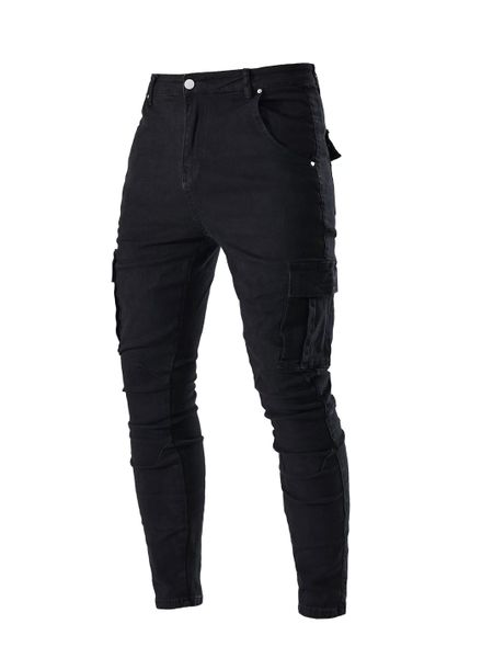 Cargo Jeans for Men Stretch Fit Jeans with Side Pockets - Black