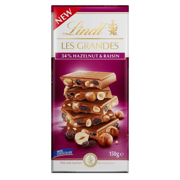 Lindt LES GRANDES Milk Hazelnut &amp; Raisin 150g Slab