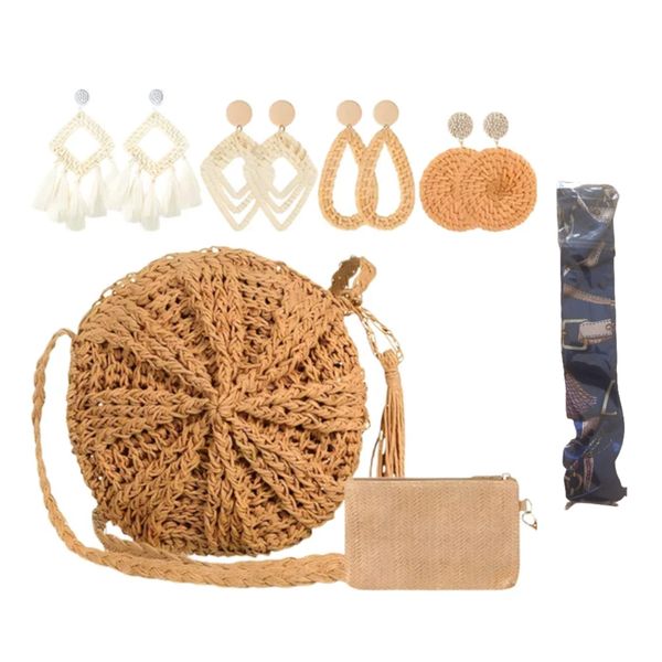 Summer Beach Straw Bag and Rattan Earrings Set for Women Ladies Purse Bag