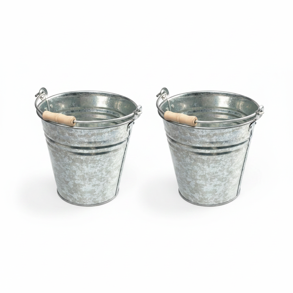 Bucket Galv 10L with Wooden Handle - Durable Steel Construction - 2 Pack
