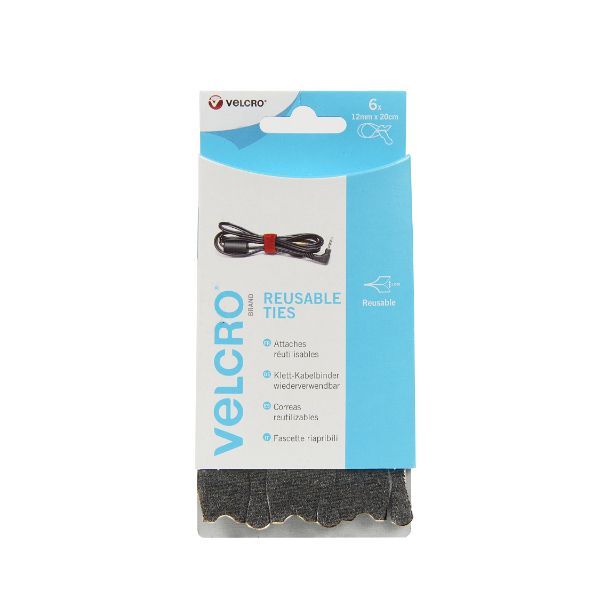 VELCRO® Brand Reusable Ties 12mm x 20cm x 6 black