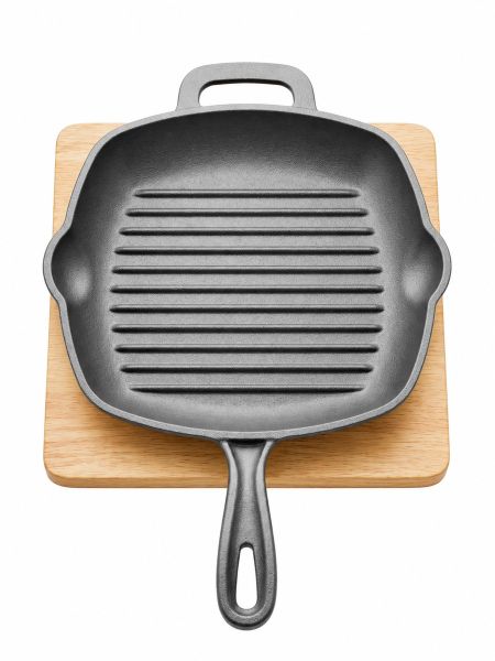 Cast Iron Non-Stick Grill Pan with Wooden Serving Tray