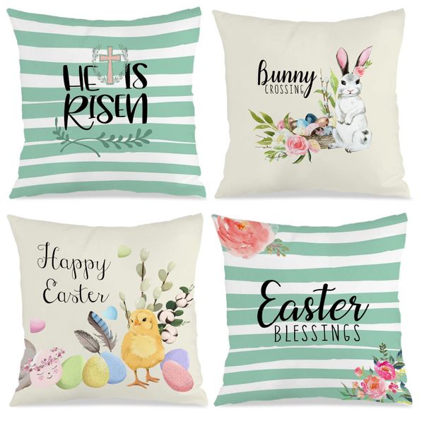 4Piece Striped Easter Pillows Cushion Cover, 45x45cm Bed Pillow Covers