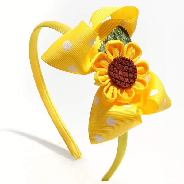 Girls Yellow Sunflower Bow Polkadot Summer Alice Band