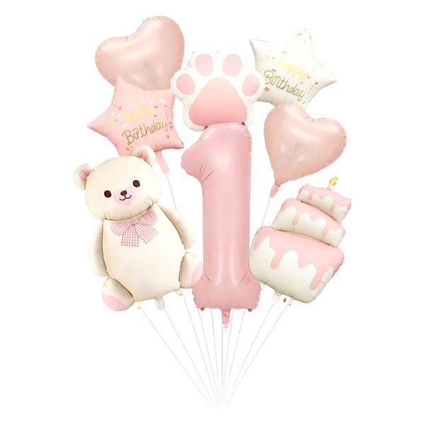8 Piece Pink First Birthday Balloon Set - Number 1 With Multiple Balloons