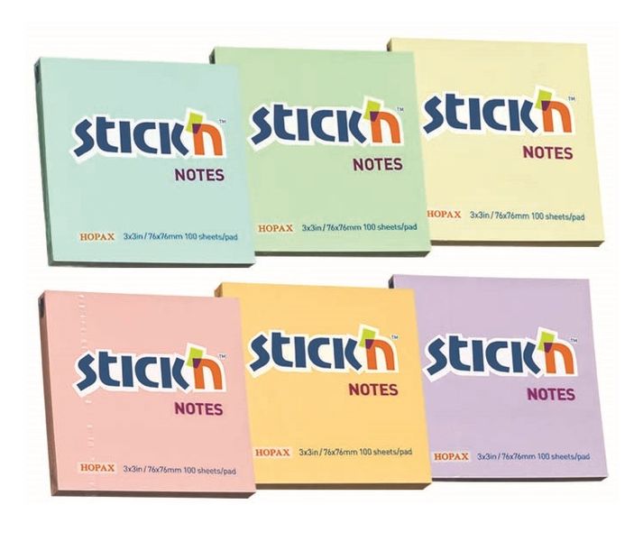 Stick'n Pastel Notes 76 x 76mm Pastel Note, 100 Sheets Per Pad - Pack of 6
