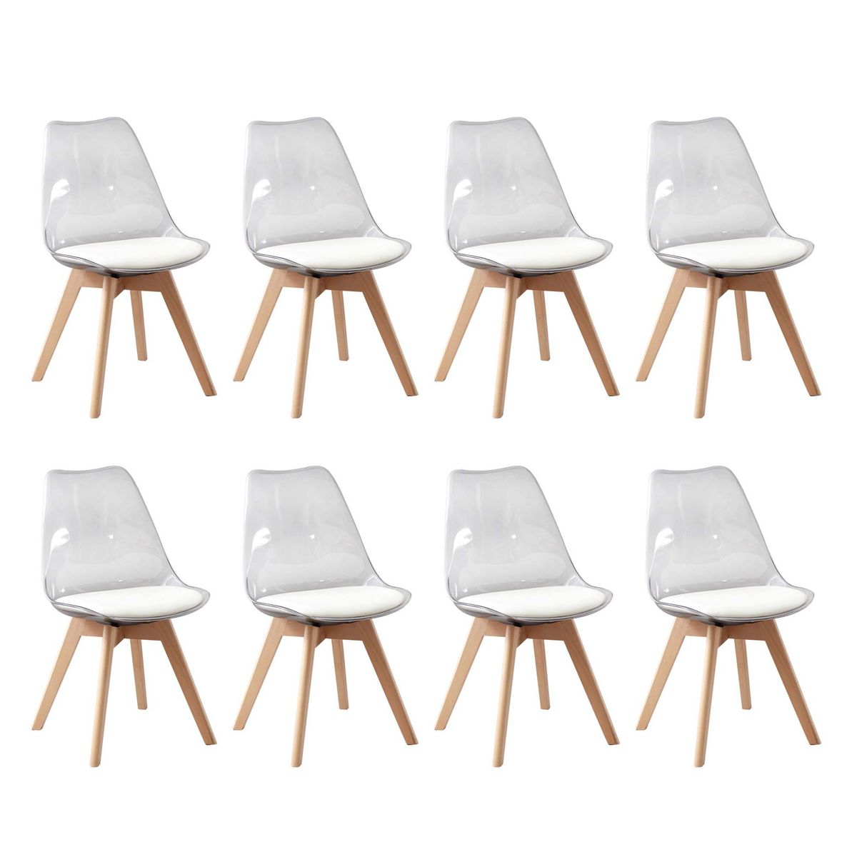 Pack of 8 Stylish Scandinavian Translucent Cushion Dining Chairs Set