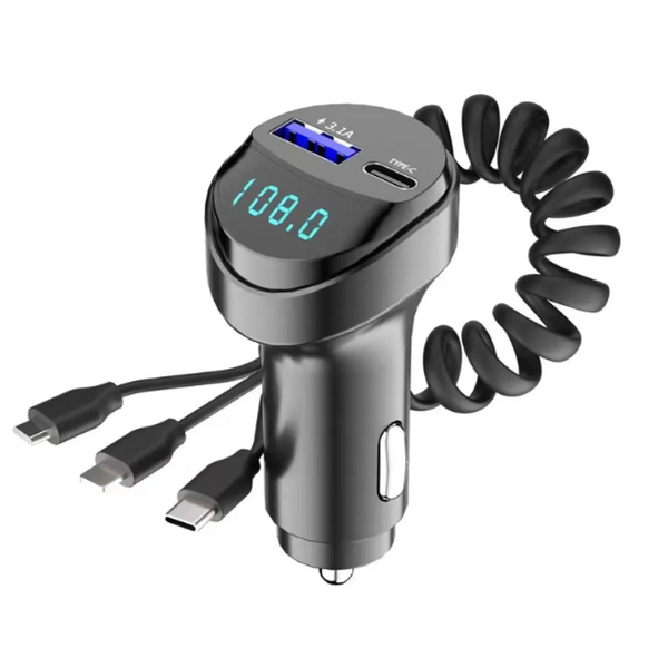 3-in-1 Car Charger with Dual Ports - USB+TYPE-C+iOS