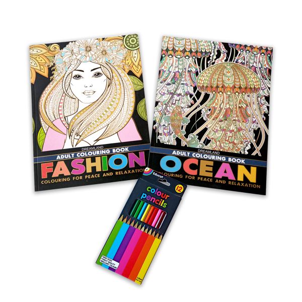 Educat Adult Colouring Books &amp; Pencils Pack 1