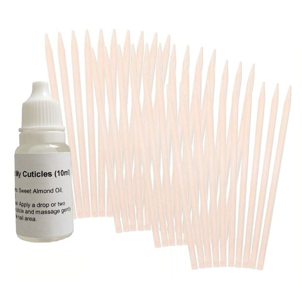 100 Orange Flat Chisel and Pointed Edge Wood Sticks &amp; 10ml Cuticle Oil