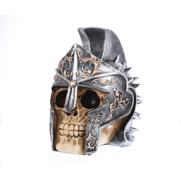 Knight Helmet Skull Figurines Resin Craft Human Skull for Home Decor
