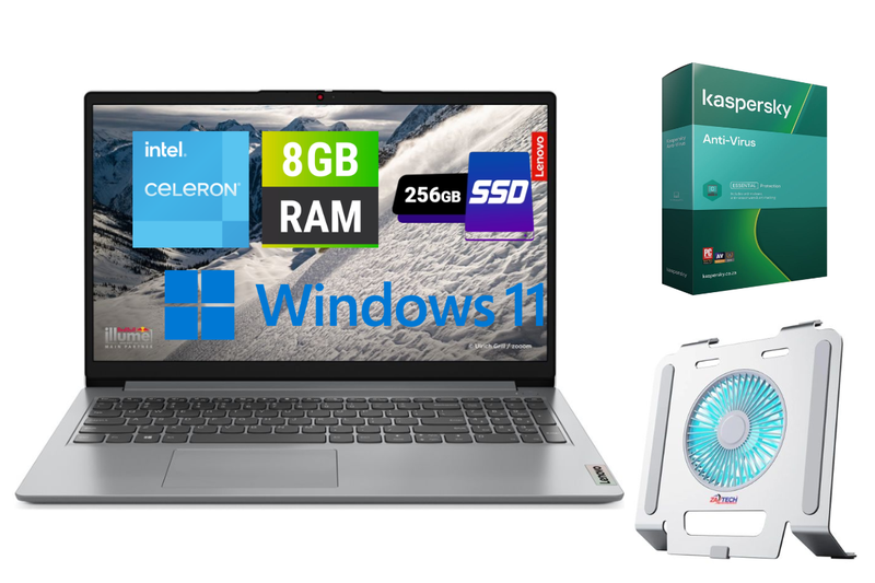 Lenovo IdeaPad 15.6" Celeron 8GB 256GB SSD W11H + Stand + Antivirus