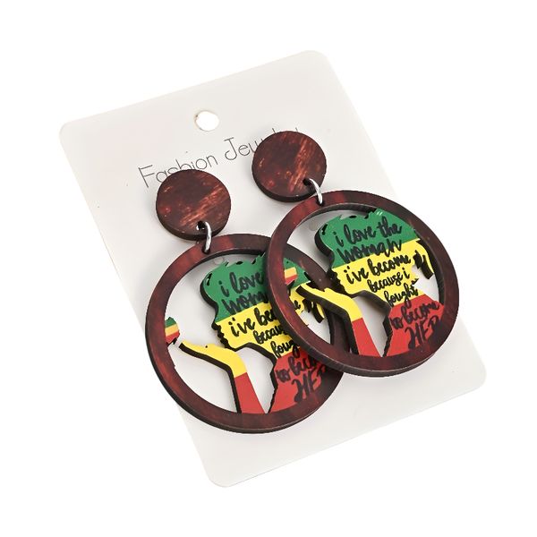 Pair African Woman Silhouette Hollow-Out Wooden Drop Earrings