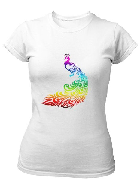 PepperSt Ladies White T-Shirt - Rainbow Peacock